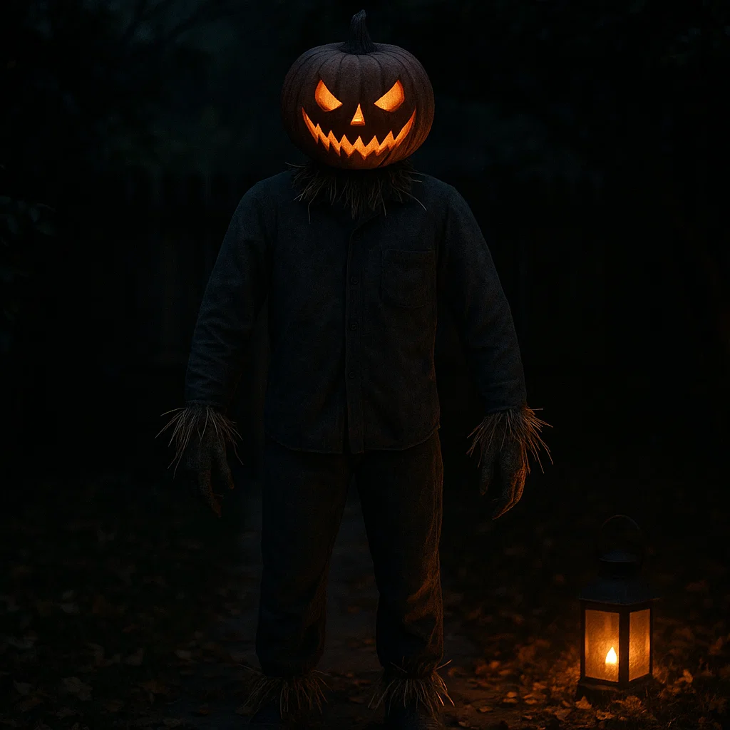 Scarecrow with glowing pumpkin head and lantern on Halloween night.