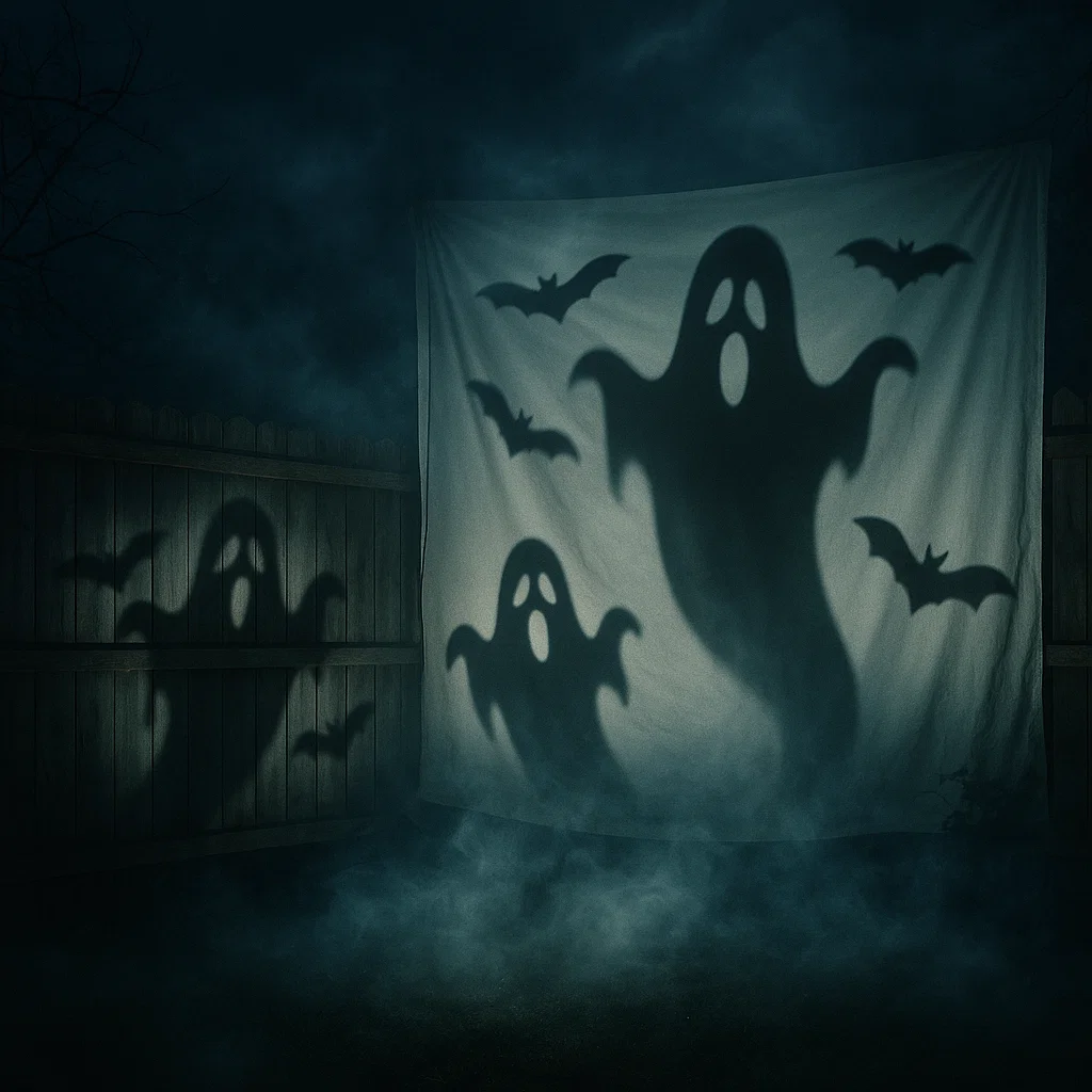 Projected ghost and bat shadows on sheet with fog effect.