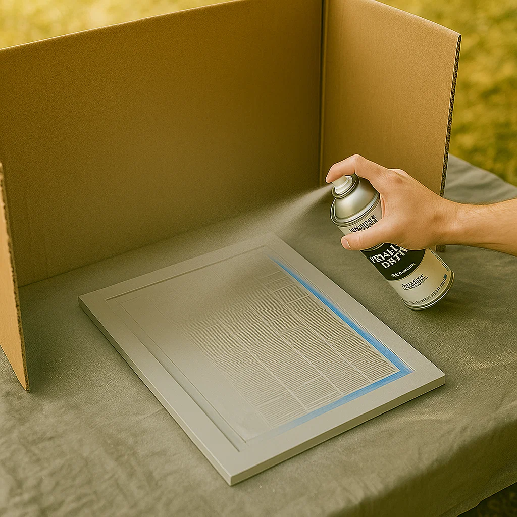 Hand spraying primer evenly on mirror frame surface.