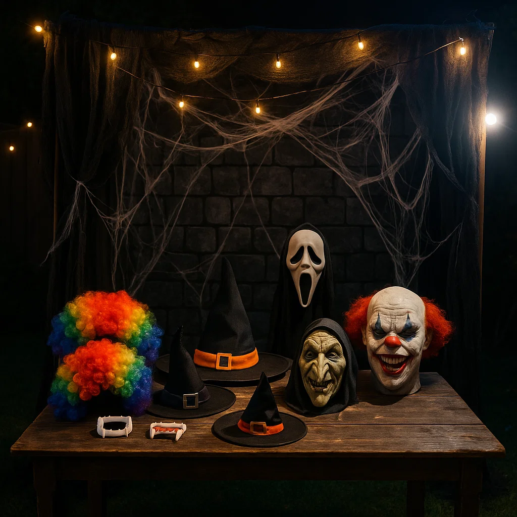 Halloween photo booth table with witch hats, clown wigs, and spooky masks.