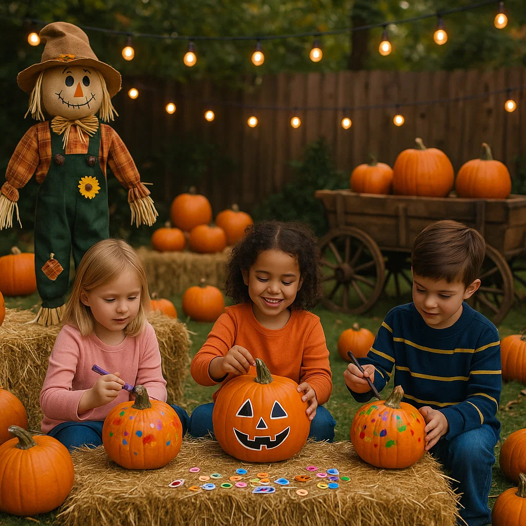 Kids painting pumpkins at Halloween pumpkin patch with scarecrow.