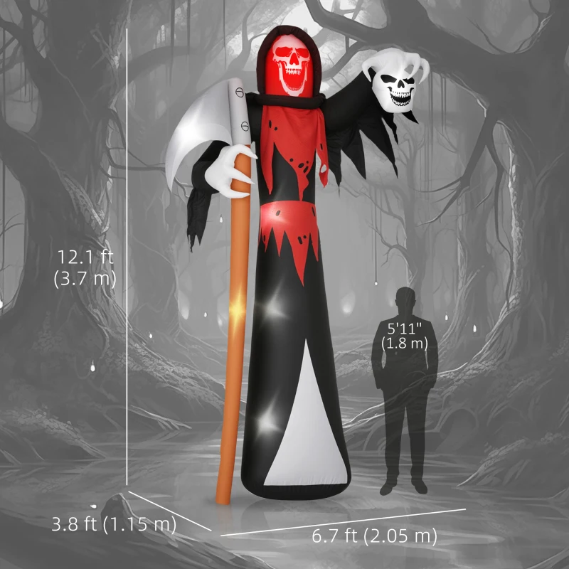 Giant inflatable Grim Reaper with glowing red face towering over person.