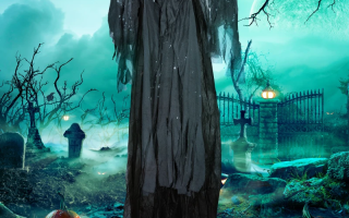 Grim Reaper with glowing red eyes in haunted graveyard with pumpkins.