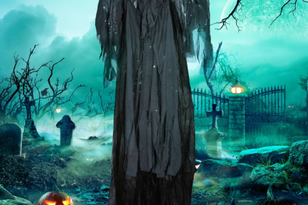 Grim Reaper with glowing red eyes in haunted graveyard with pumpkins.