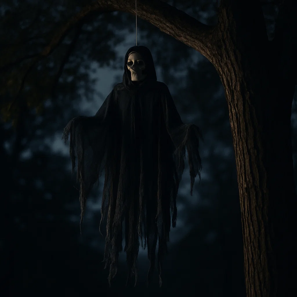 Hooded Grim Reaper hanging from tree branch at night.