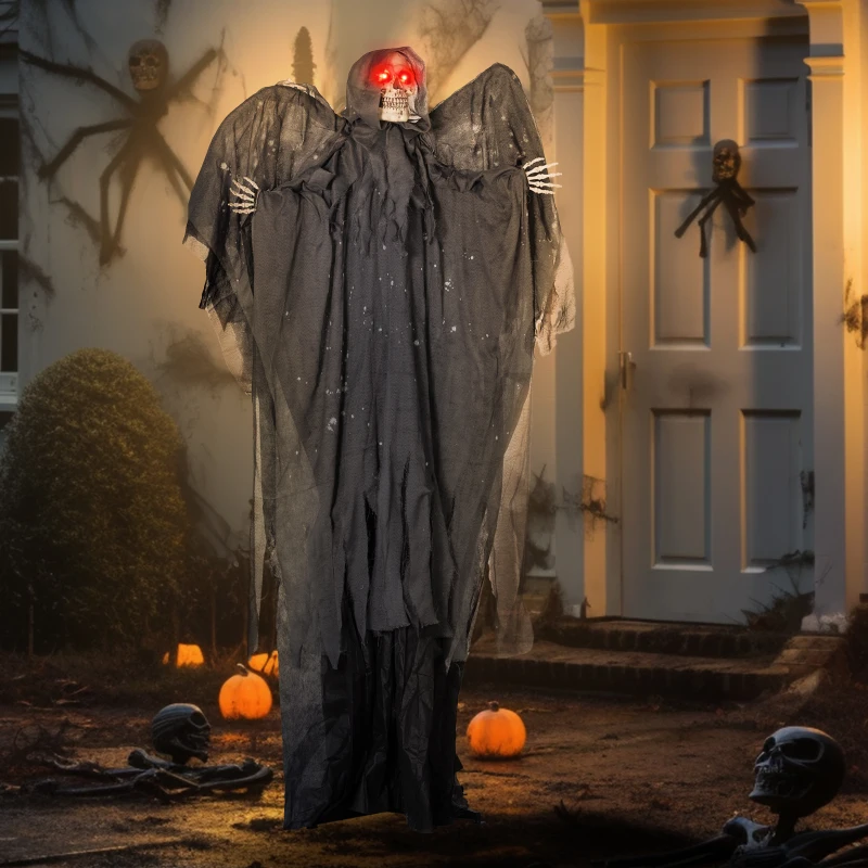 Grim Reaper with glowing red eyes standing by decorated Halloween porch.