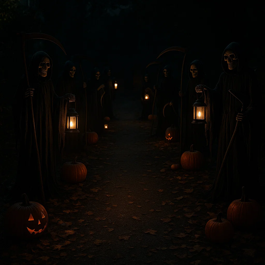 Grim Reapers with lanterns lining a dark Halloween pathway with pumpkins.