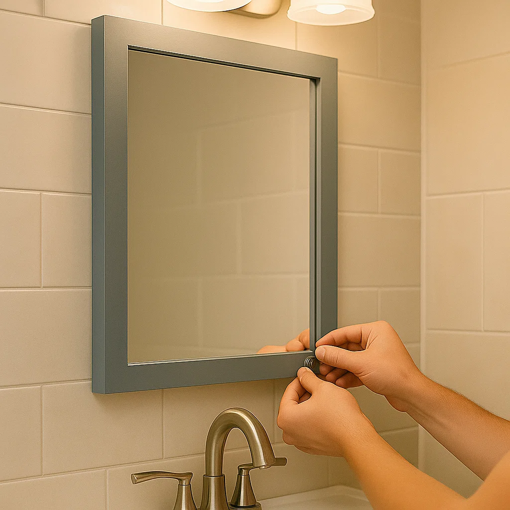 Hands adjusting freshly painted mirror frame in bathroom.