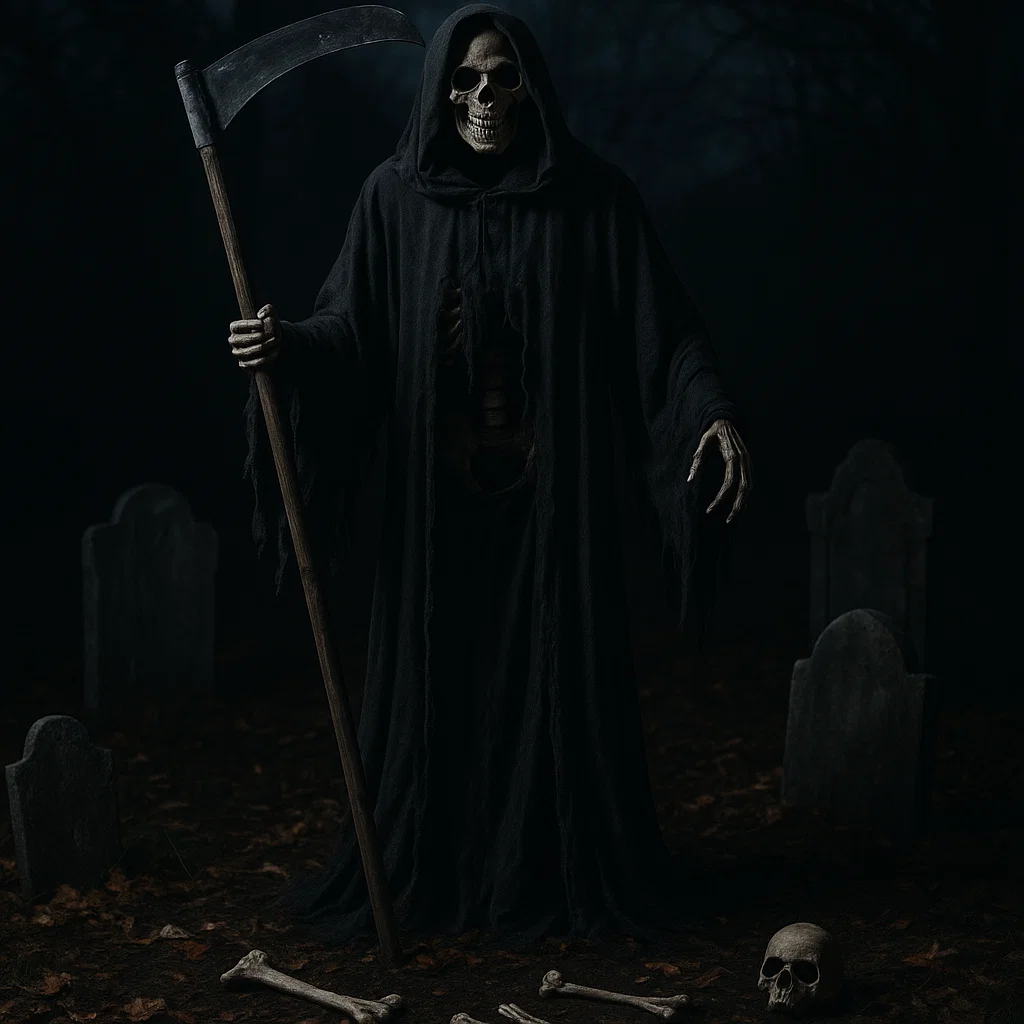 Grim Reaper with scythe standing in graveyard among tombstones and bones.