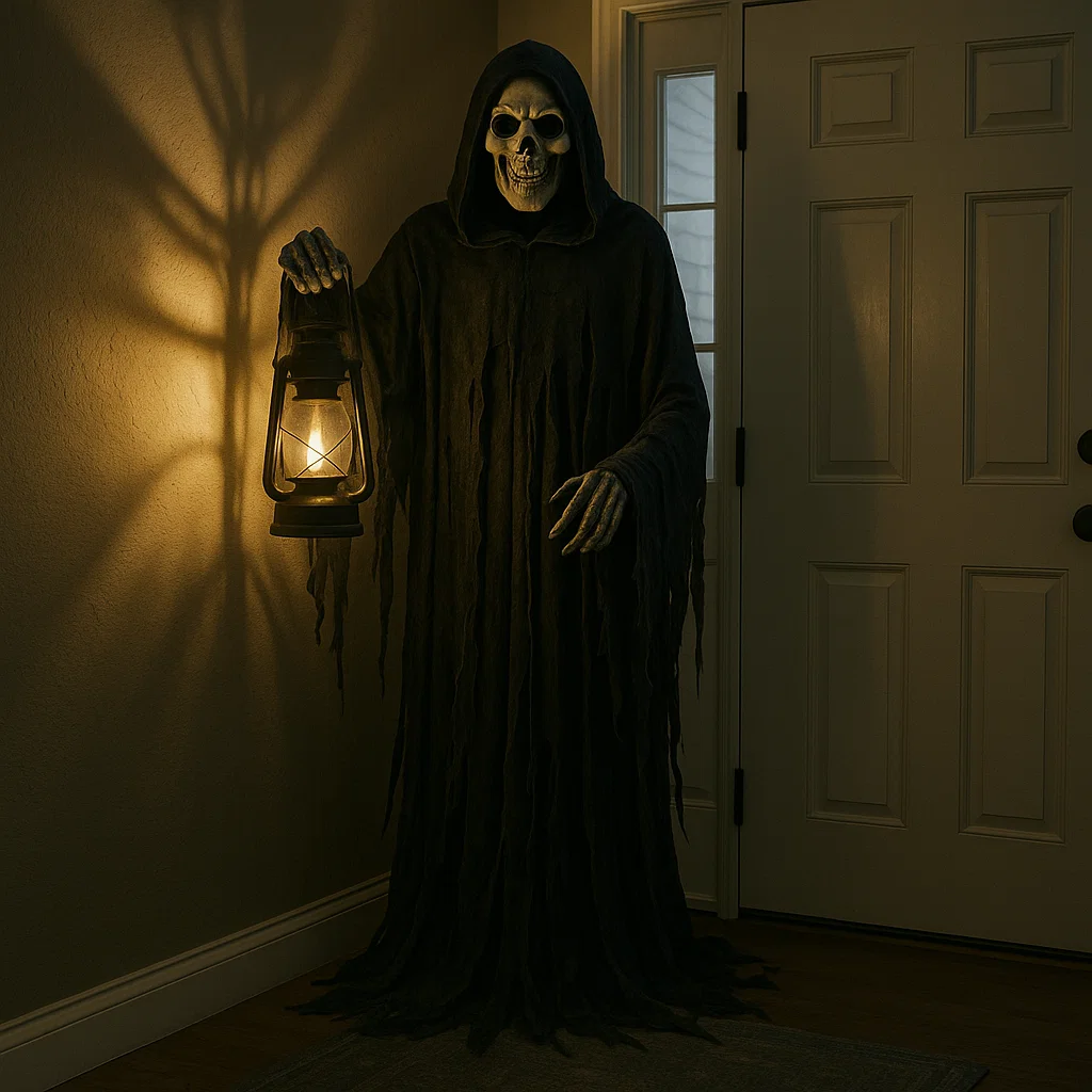 Life-size Grim Reaper holding lantern near front door inside dimly lit entryway.