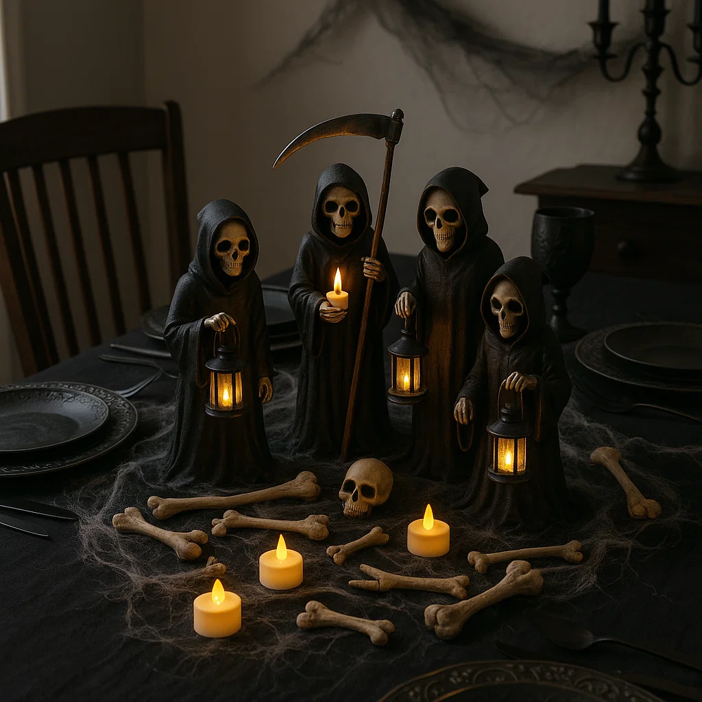 Mini Grim Reaper figurines with lanterns and candles on Halloween table.