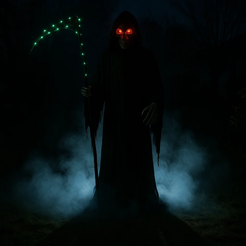Grim Reaper with glowing red eyes and green lit scythe in fog.