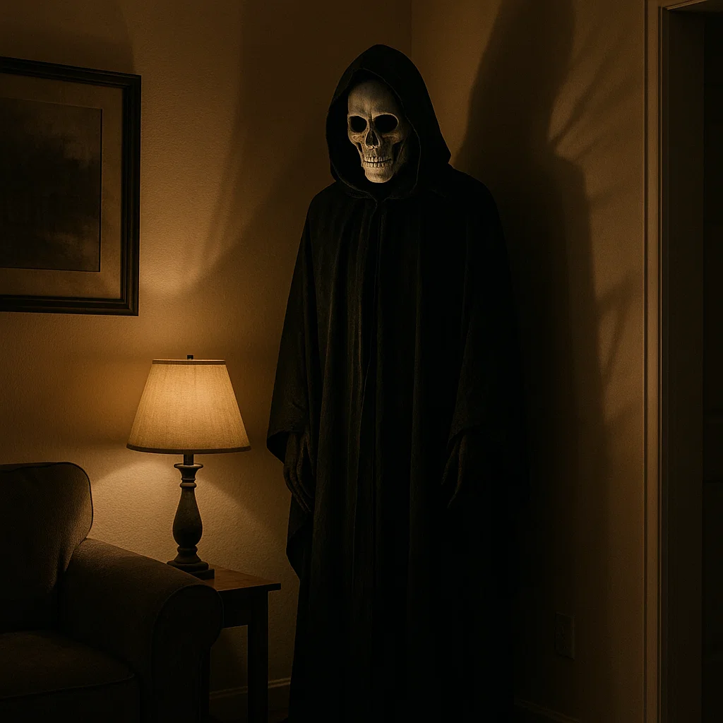 Hooded Grim Reaper prop standing in dimly lit living room corner.