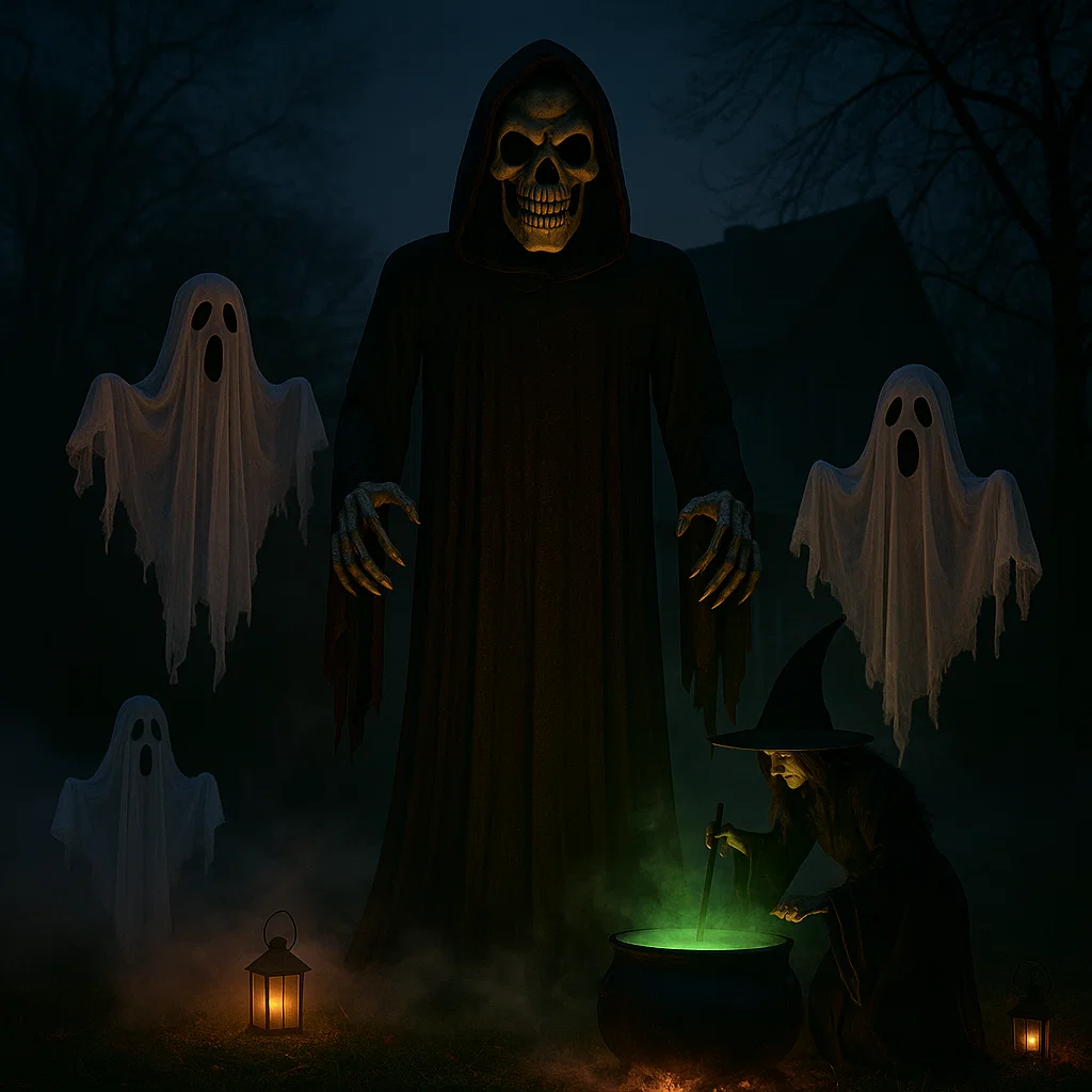 Grim Reaper with ghosts and witch stirring cauldron under lantern light.