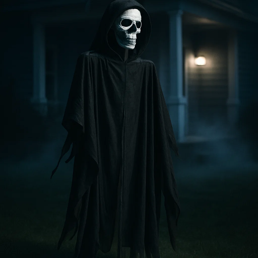Hooded Grim Reaper prop with skull face standing outside house at night.