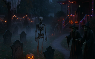 Spooky Halloween yard with skeletons, witches, ghosts, and jack-o’-lanterns