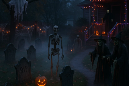 Spooky Halloween yard with skeletons, witches, ghosts, and jack-o’-lanterns