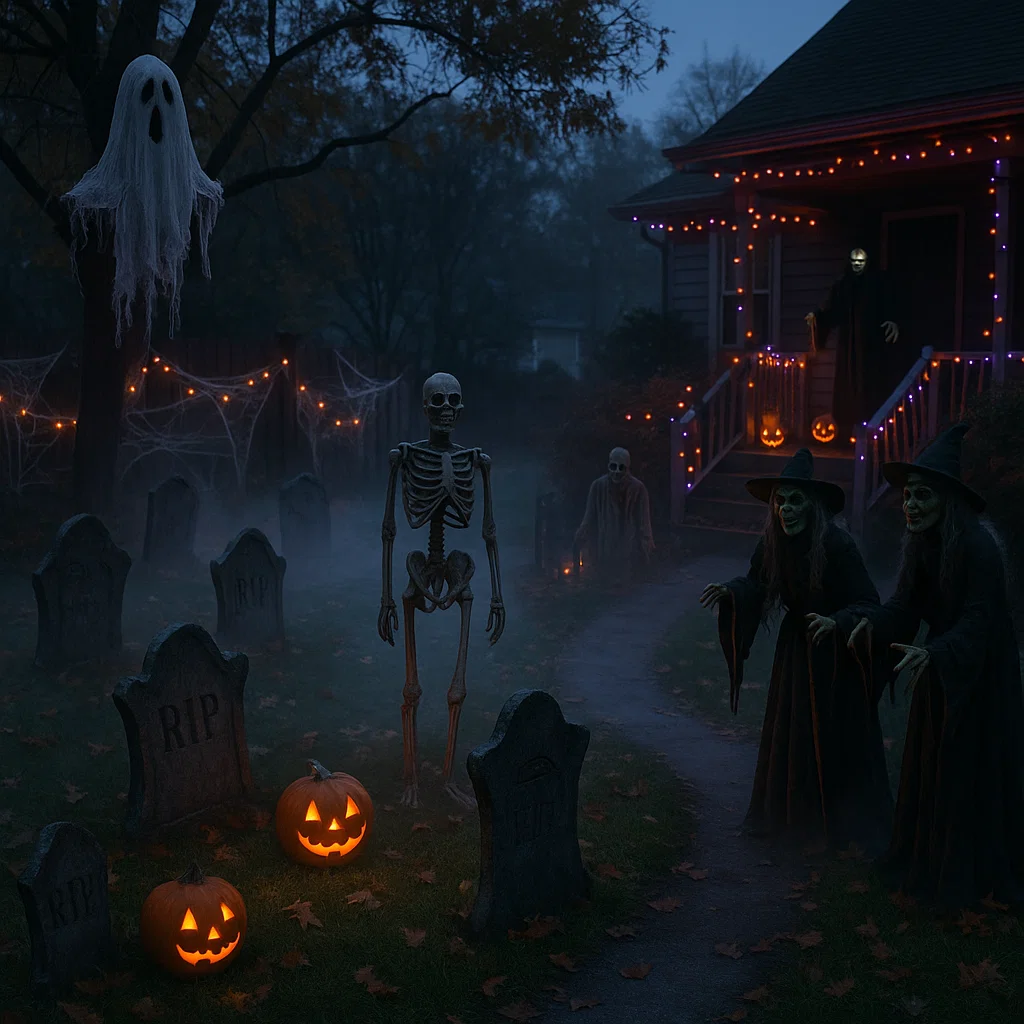 Spooky Halloween yard with skeletons, witches, ghosts, and jack-o’-lanterns