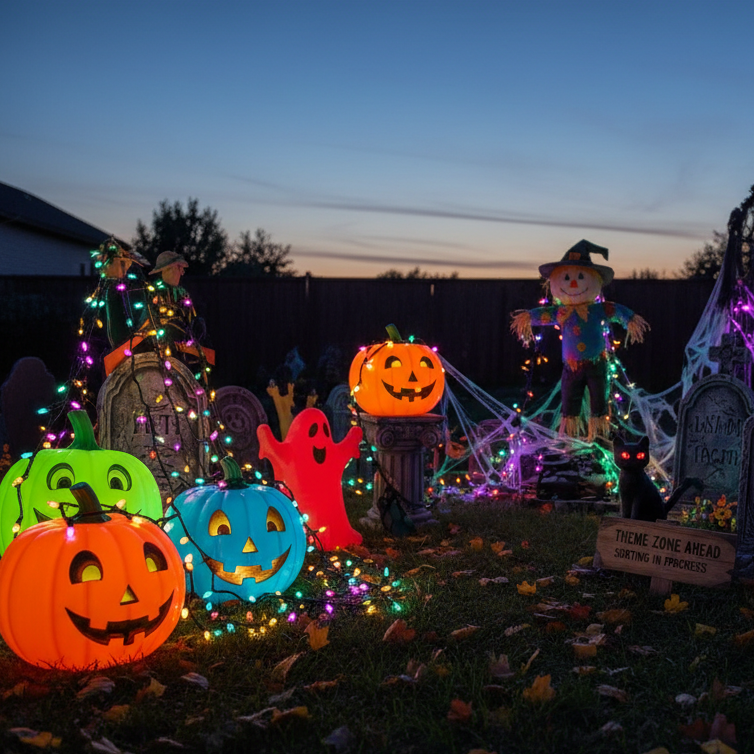 Lawn filled with colorful inflatables, gravestones, and lights