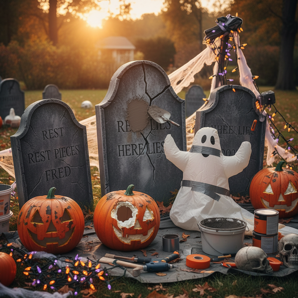 Broken Halloween props with cracked tombstone and damaged pumpkins