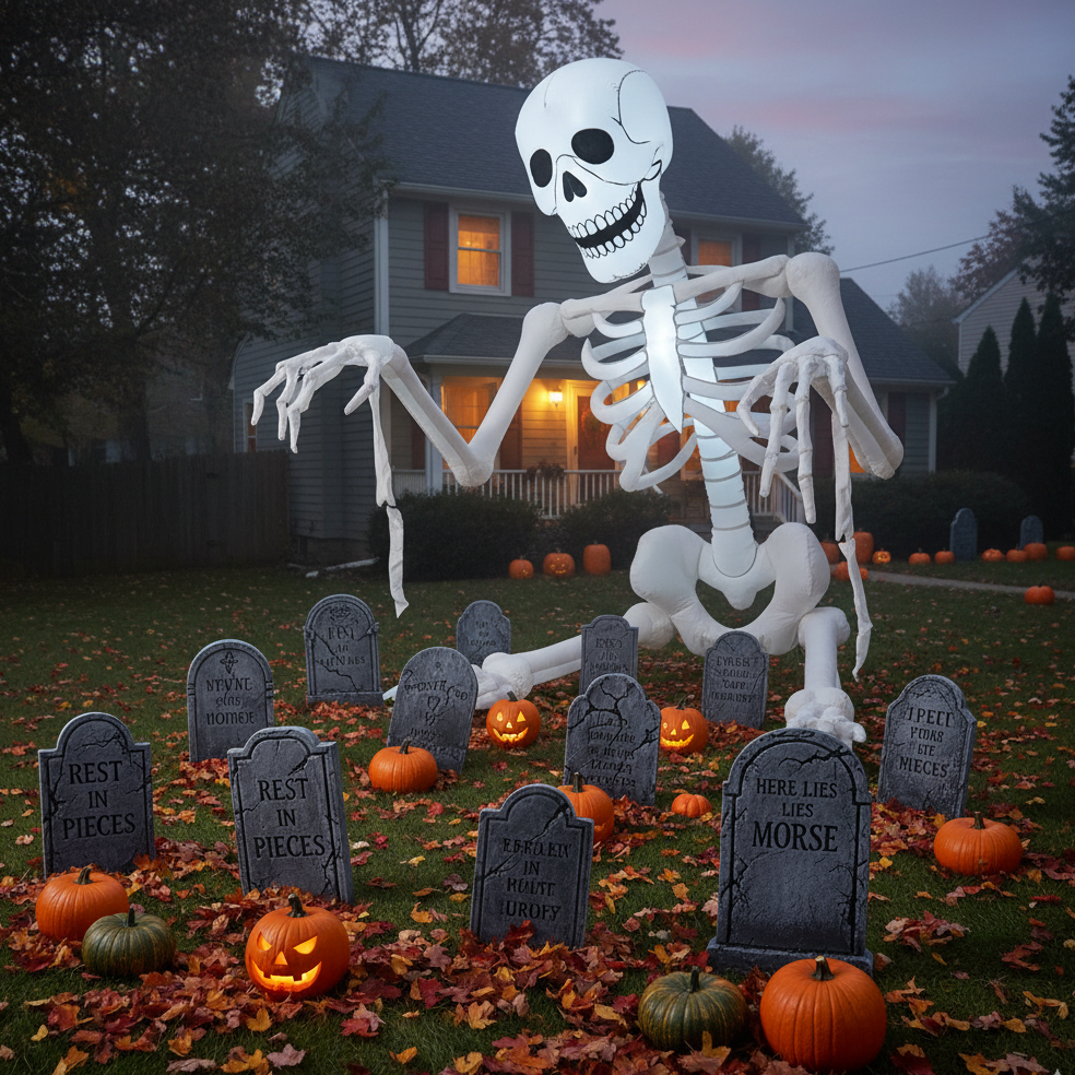 Oversized inflatable skeleton towering over small gravestones