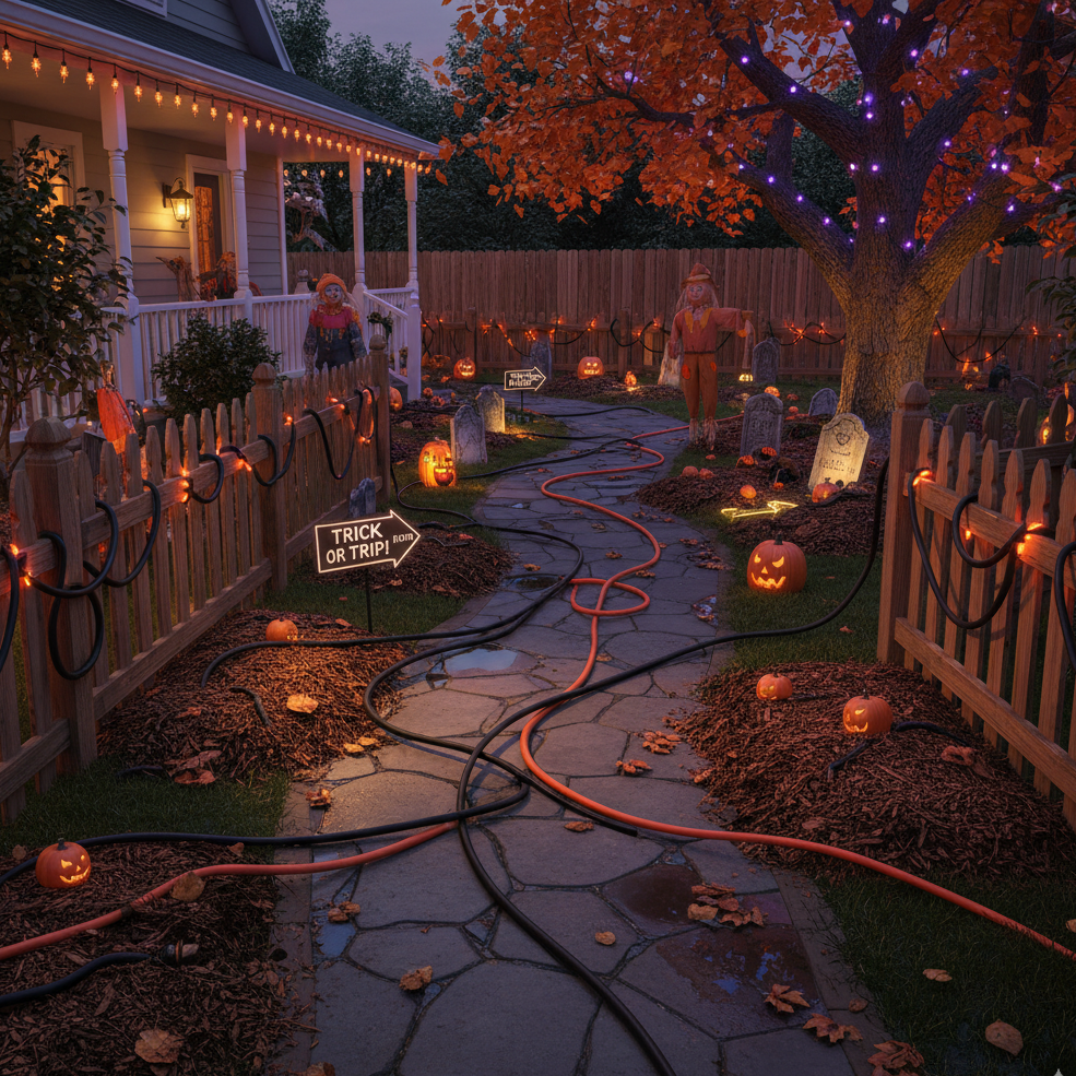 Halloween path with exposed extension cords among pumpkins