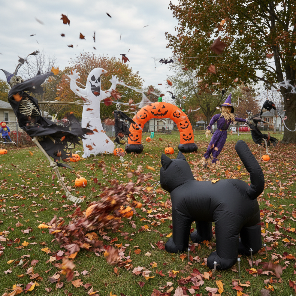 Inflatable decorations blown by wind with leaves swirling around