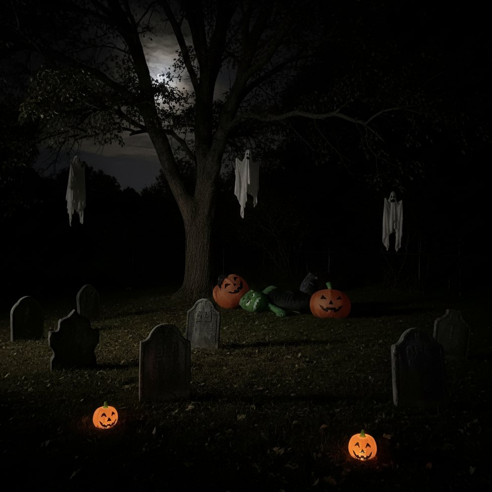 Dark graveyard scene with dim pumpkins and ghost inflatables