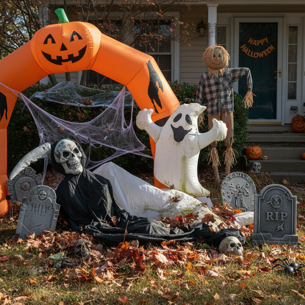 Wet inflatable ghost and pumpkin scarecrow in muddy yard