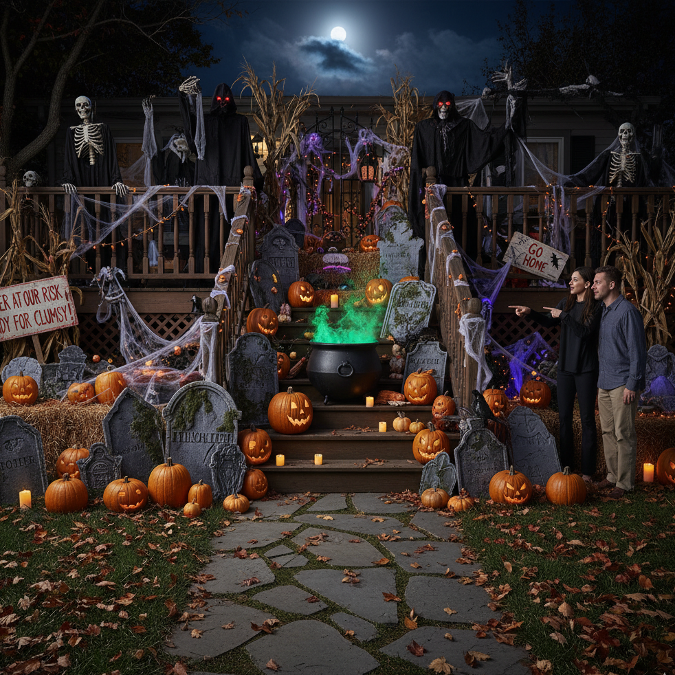 Halloween yard with tangled cords and pumpkins blocking path