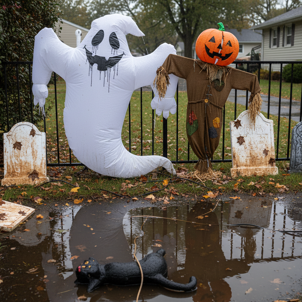 Wet ghost inflatable and pumpkin scarecrow beside worn gravestones