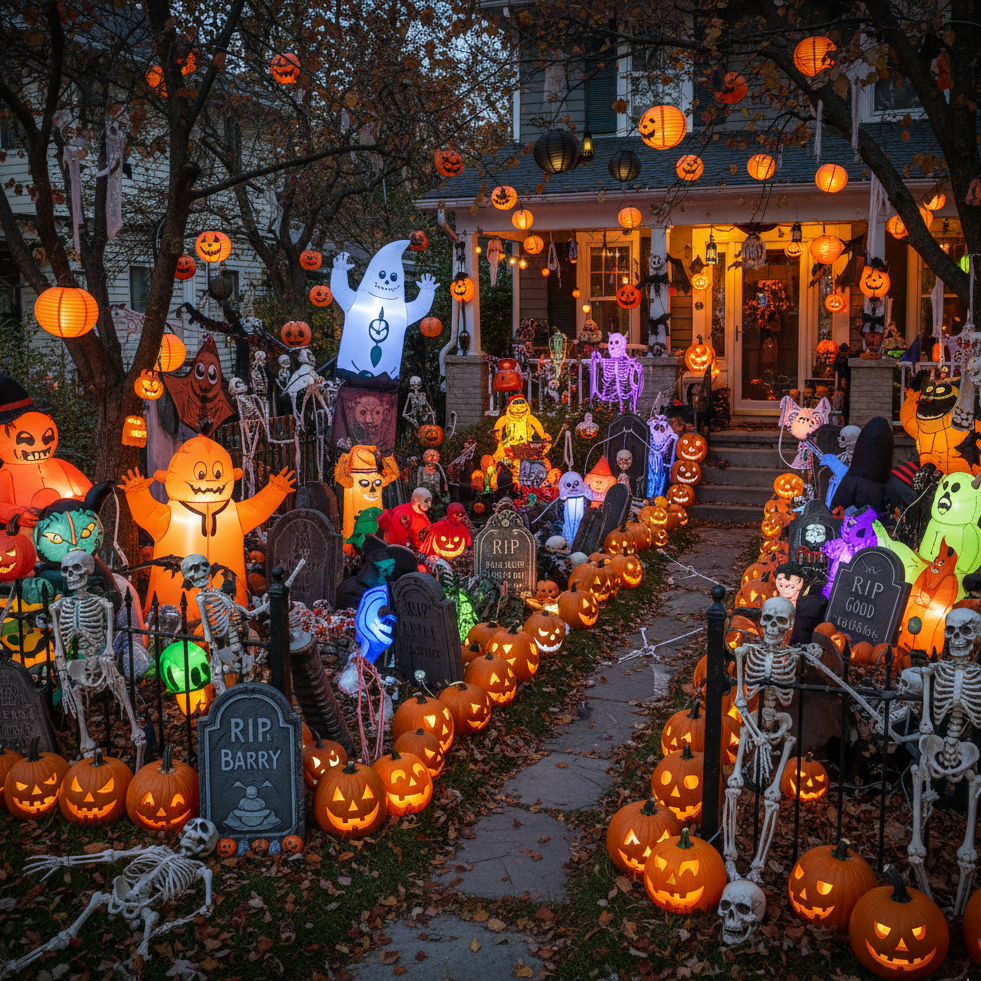 Overfilled Halloween yard with skeletons, pumpkins, and inflatables