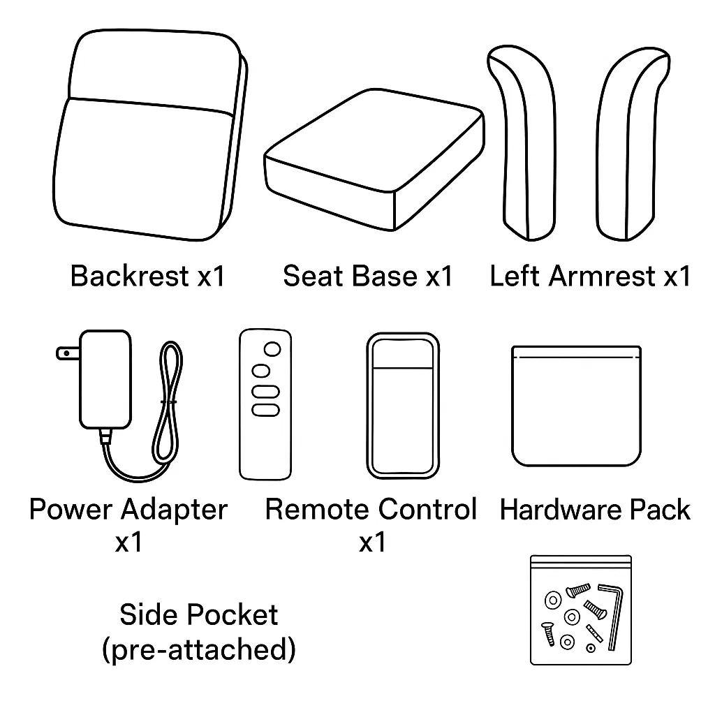  Parts and hardware layout for assembling HOMCOM power lift chair
