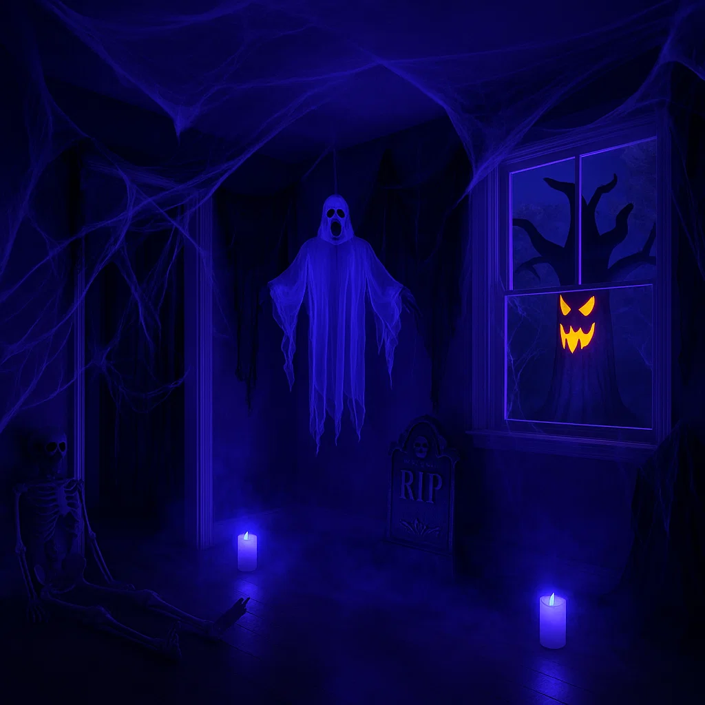 Dark haunted room with glowing ghost, skeleton, tombstone, and eerie jack-o’-lantern tree at window.