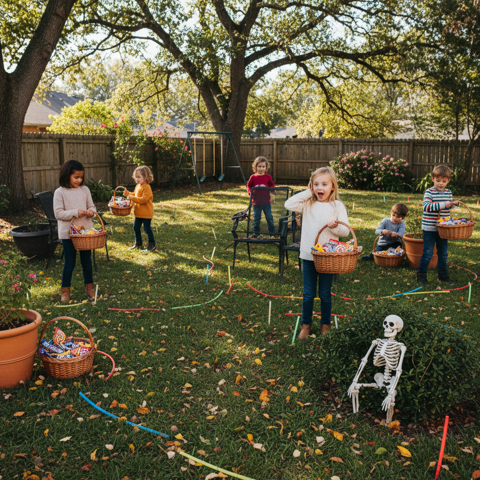 Kids with baskets collecting Halloween candy in a decorated backyard with skeleton props.