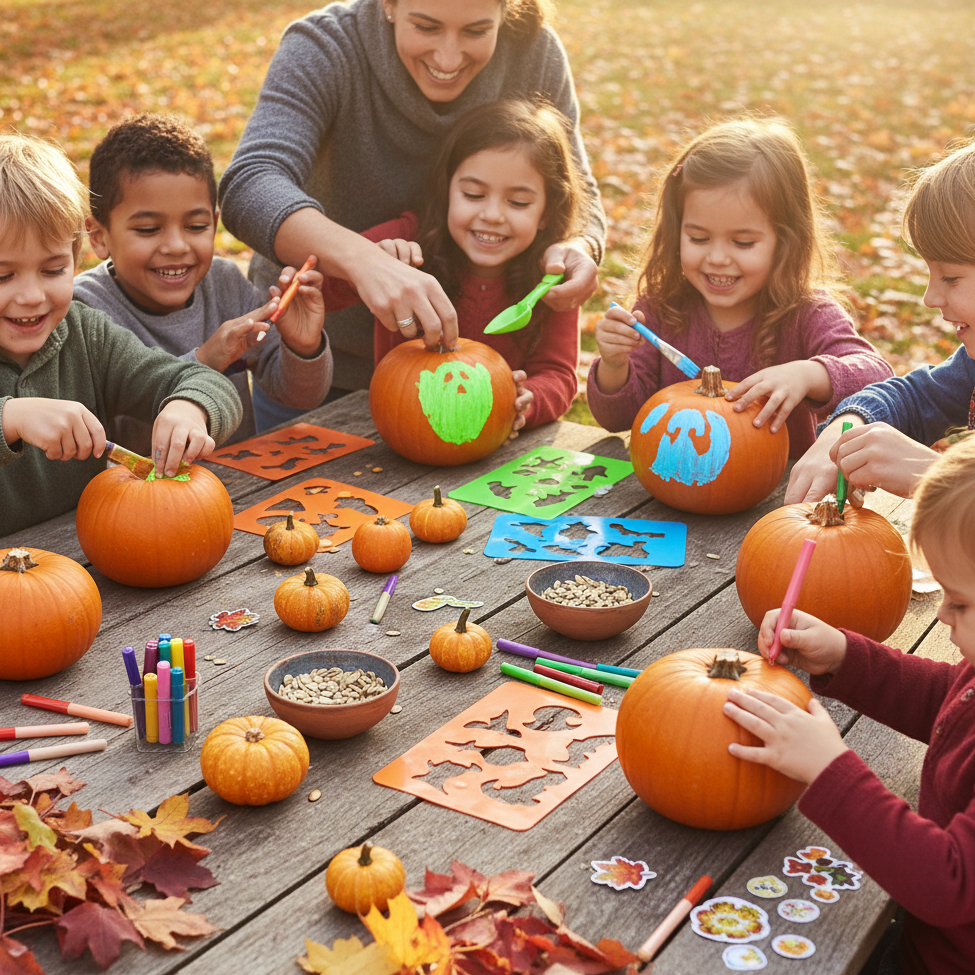 Children happily painting and carving pumpkins outdoors with colorful stencils and markers.