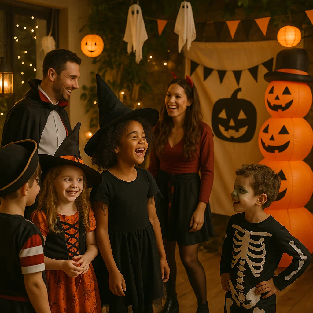 Kids and adults in costumes enjoying a lively indoor Halloween party with festive décor.