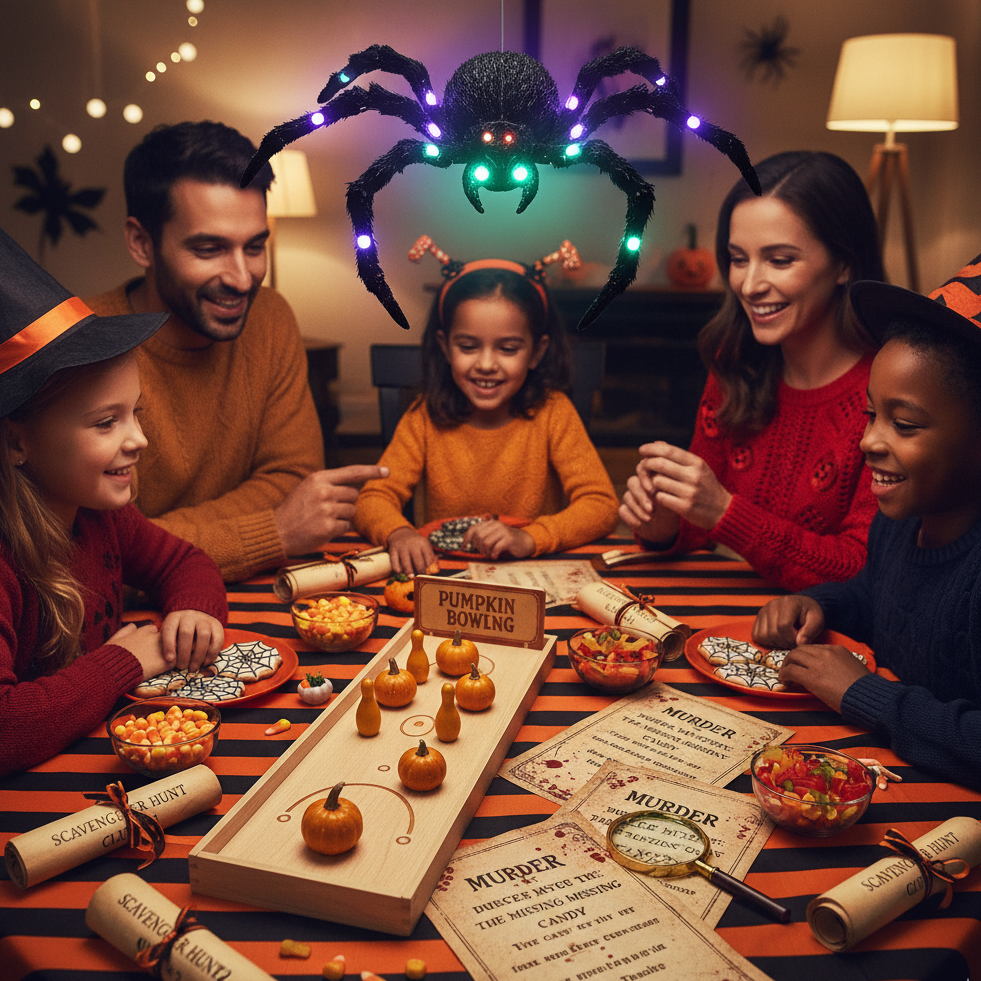 Family playing pumpkin bowling and spooky-themed games at a decorated Halloween table.