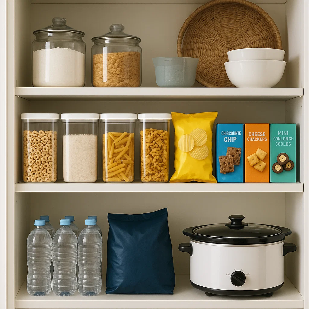Pantry shelves with jars, cereals, pasta, and drinks organized by category for daily kitchen use.