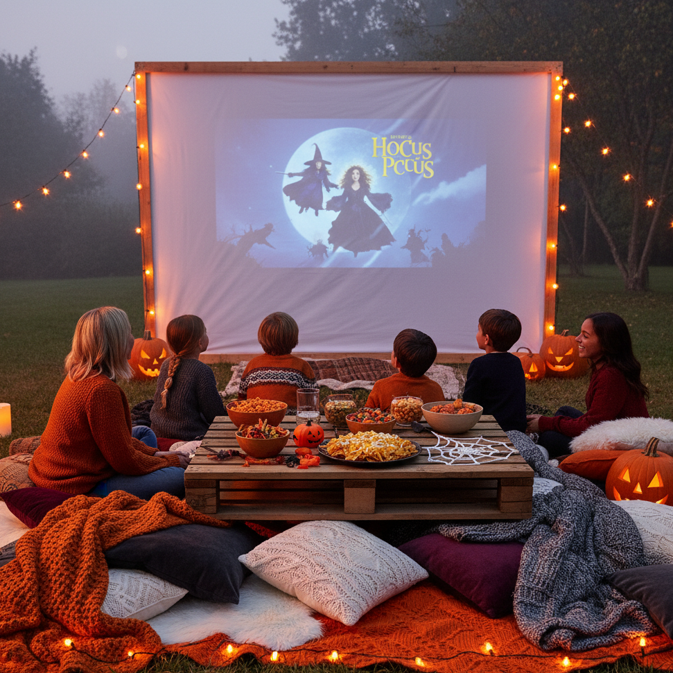 Family watching an outdoor Halloween movie night with blankets, snacks, and glowing string lights.