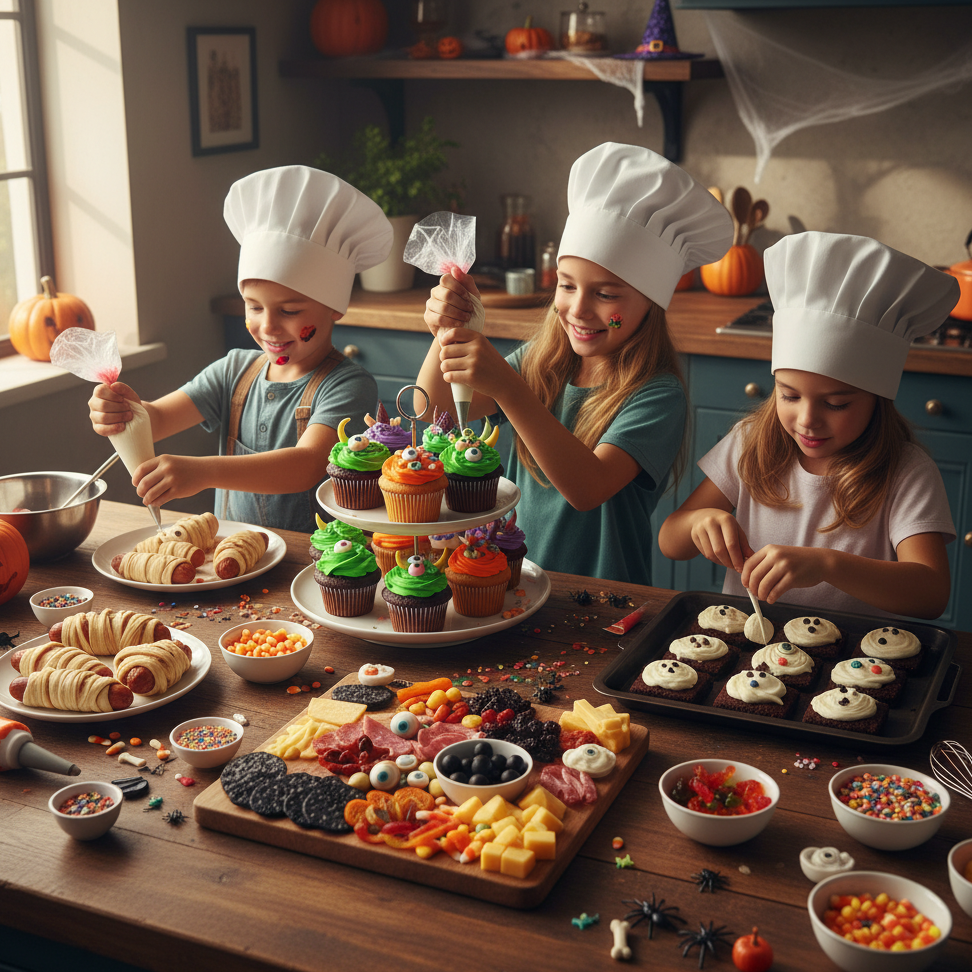 Children wearing chef hats decorating Halloween cupcakes and treats in a festive kitchen.