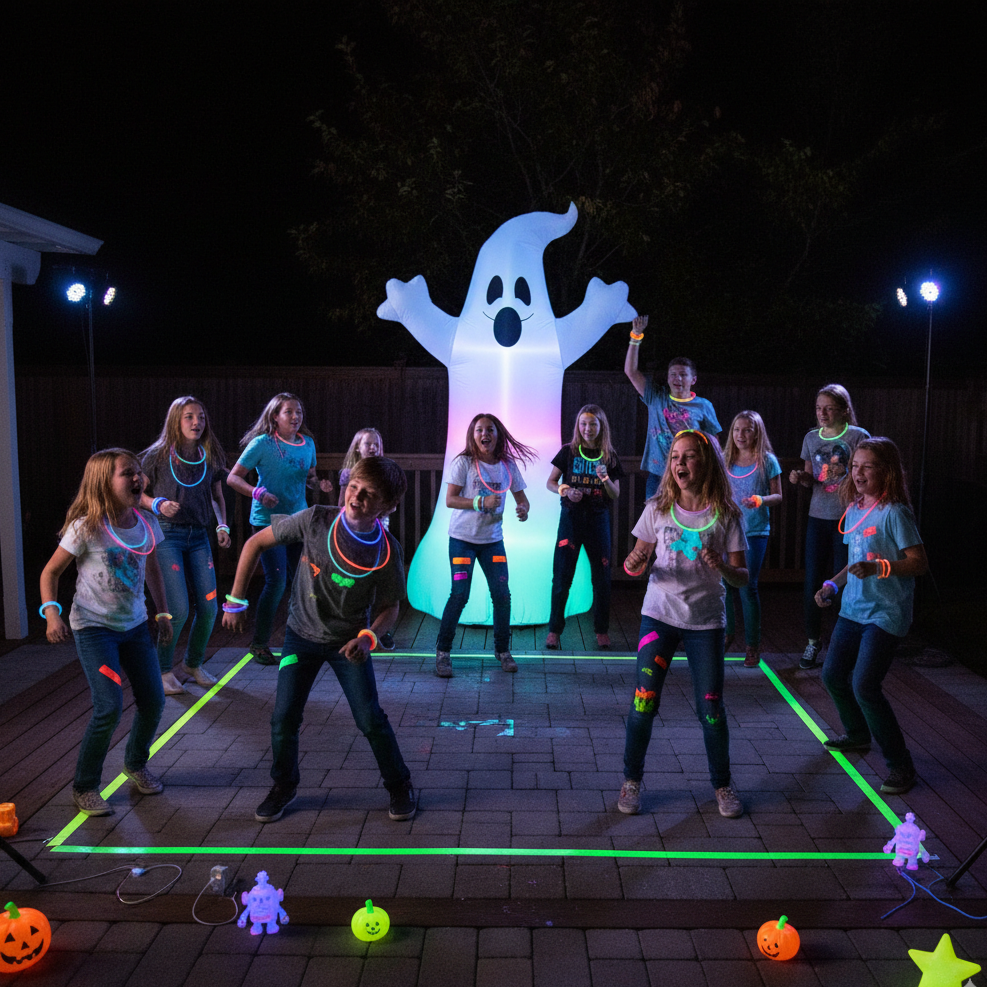 Kids dancing under neon lights with glow sticks and a giant inflatable ghost decoration.