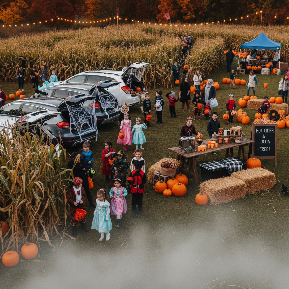 Families gathered at a trunk-or-treat event with decorated cars, pumpkins, and a refreshment stand.