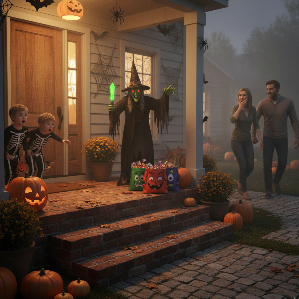 Children in skeleton costumes surprised by a witch on a decorated porch with pumpkins and candy bags.