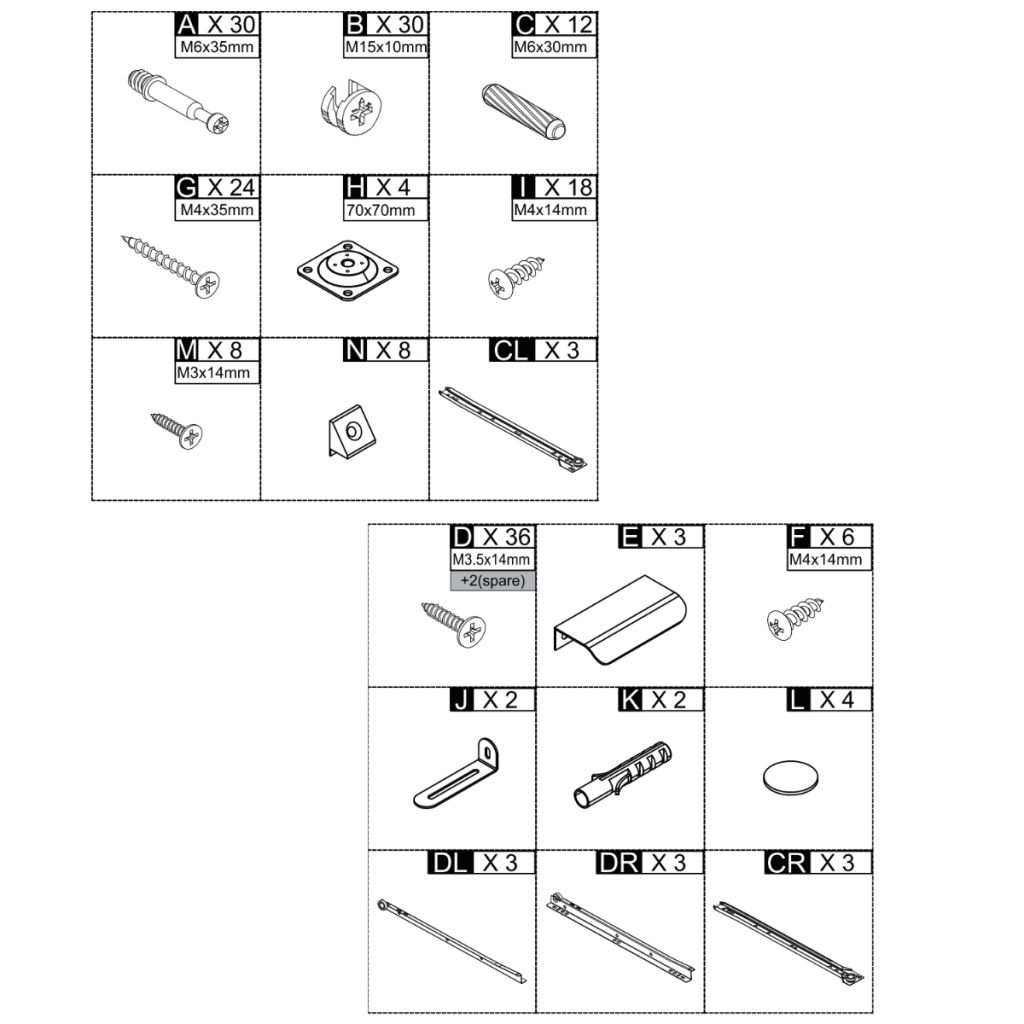 Complete hardware kit including screws, dowels, runners, brackets, and mounting plates for cabinet assembly.