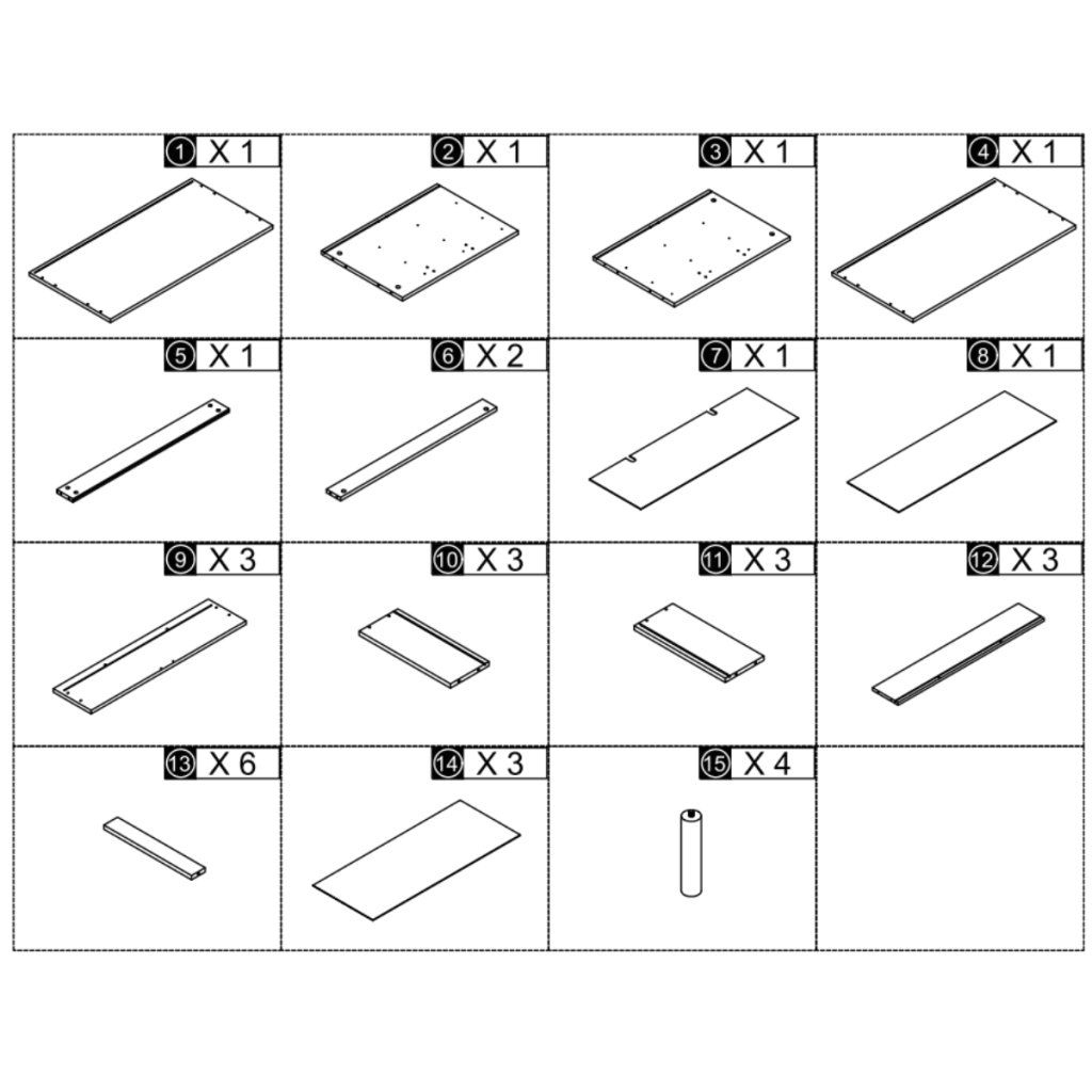 Labeled diagram of all wooden panels and components required for cabinet assembly.