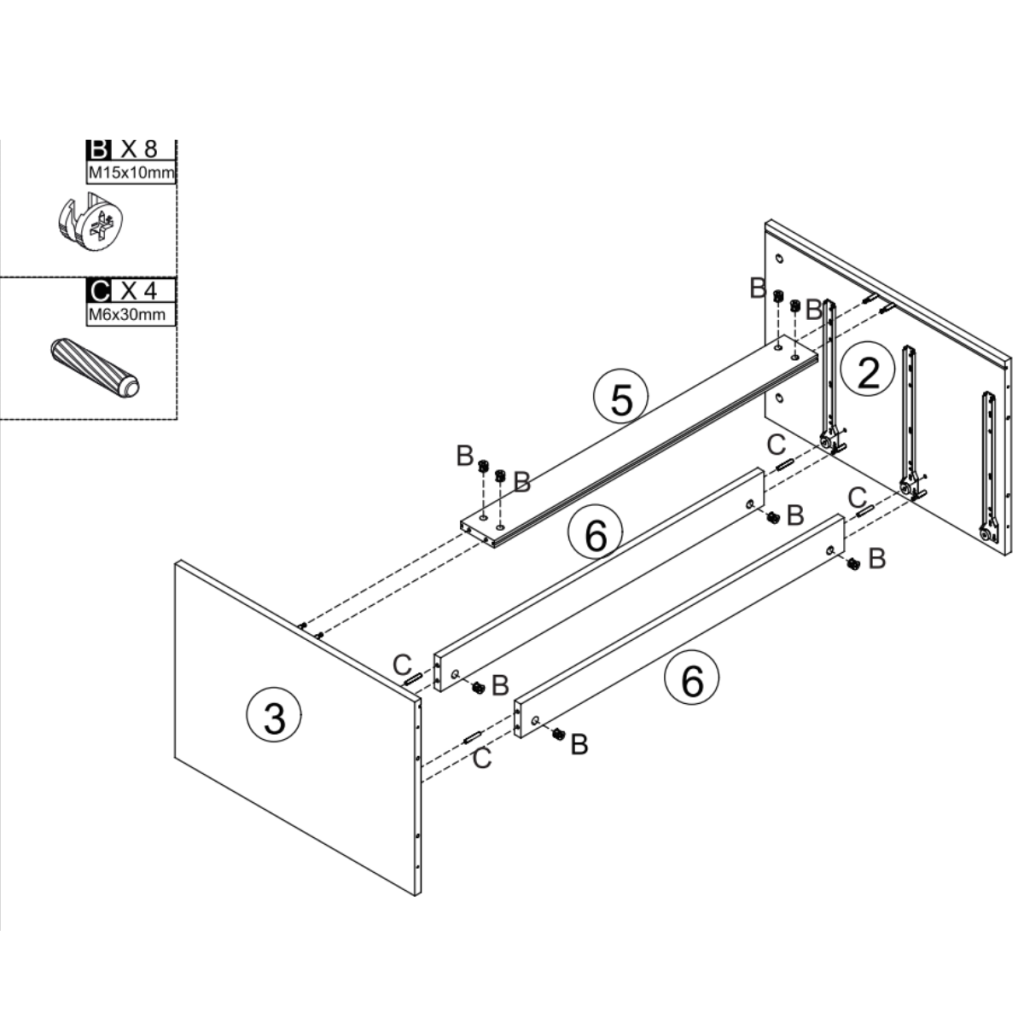 Connecting cabinet side panels with horizontal rails using dowels and cam locks.