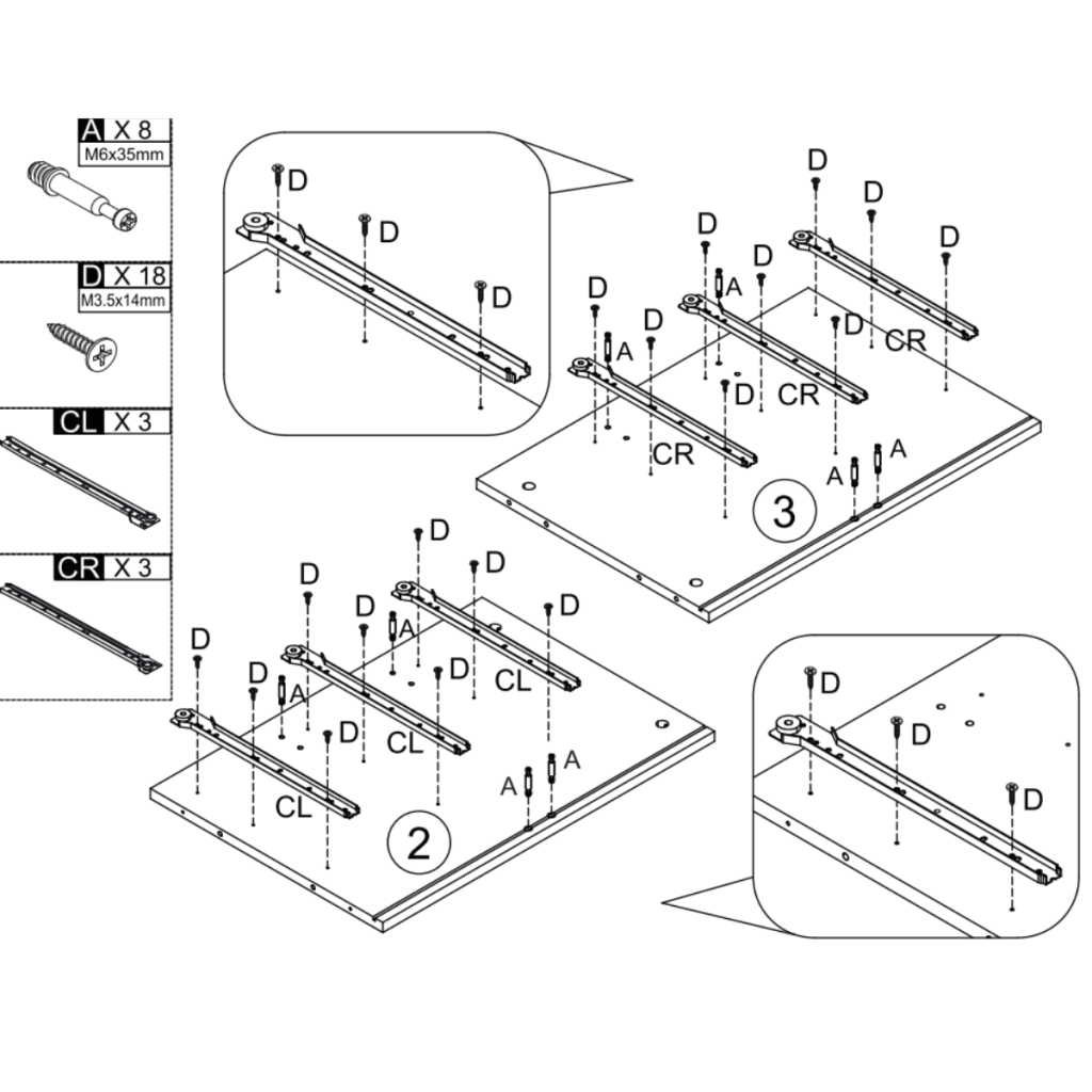 Installing drawer runners onto side panels with screws and alignment for smooth sliding.