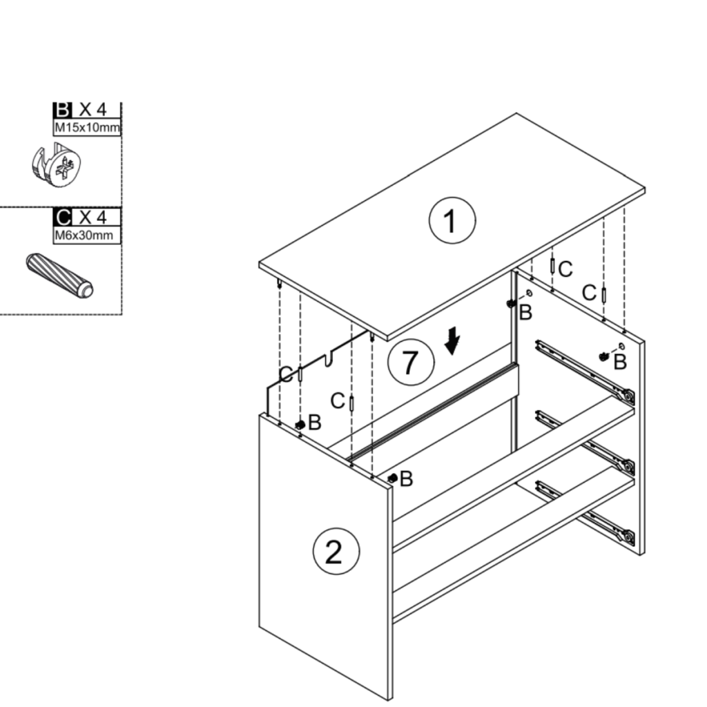 Securing the top panel onto the cabinet sides with dowels and cam locks.