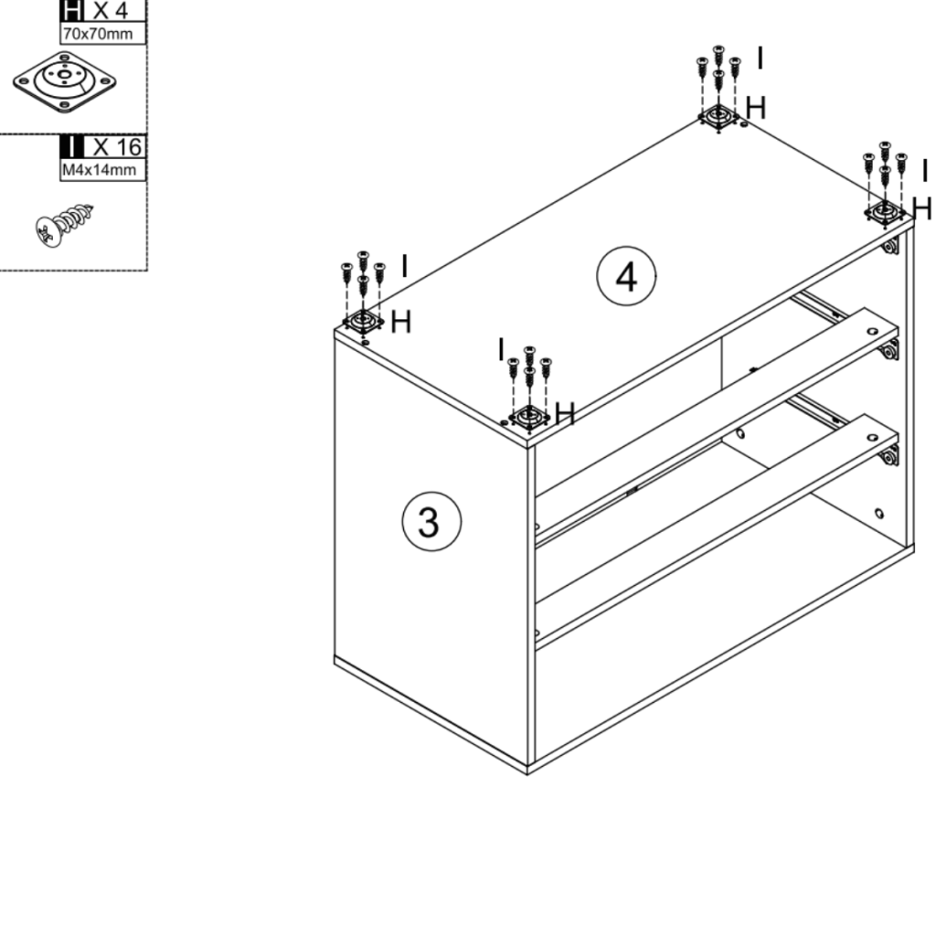 Fixing square metal mounting plates with multiple screws before attaching cabinet legs.